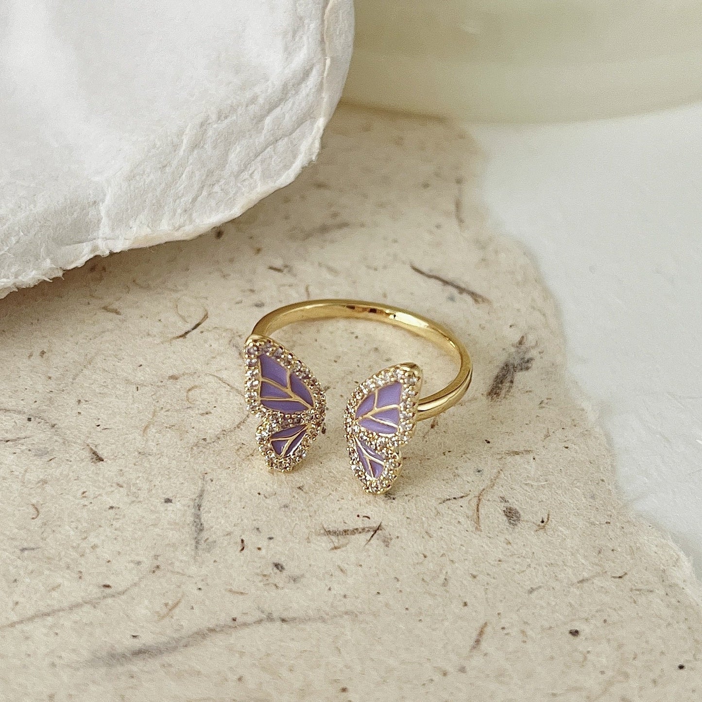 Artistic Flower Rhombus Butterfly Copper Enamel Inlay Artificial Pearls Shell Zircon Rings