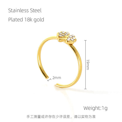 Wholesale Simple Style Four Leaf Clover Letter Mushroom Stainless Steel 18k Gold Plated Rhinestones Open Ring