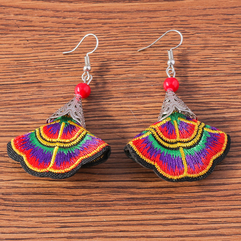 Ethnic Style Sector Cloth Embroidery Women's Drop Earrings