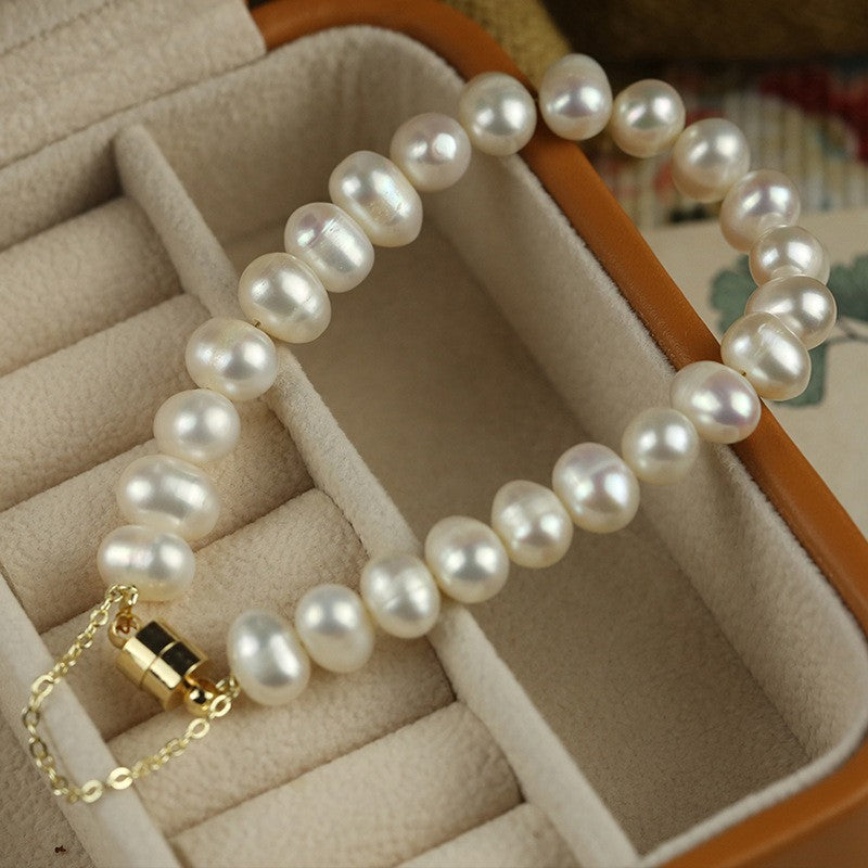 Elegant Round Alloy Freshwater Pearl Beaded Plating Inlay Rhinestones Bracelets