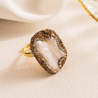 Vacation Oval Copper Gold Plated Pearl Zircon Open Ring In Bulk