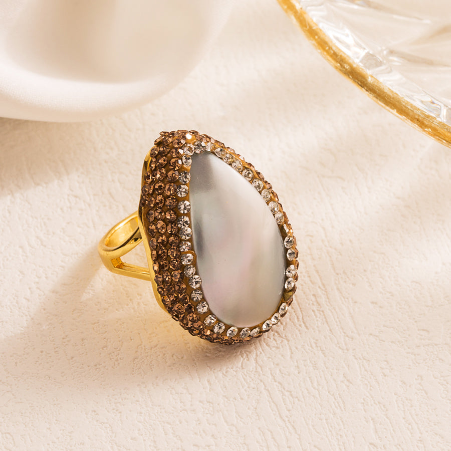 Vacation Oval Copper Gold Plated Pearl Zircon Open Ring In Bulk