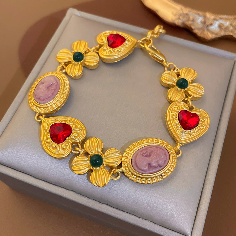 Retro Heart Shape Flower Metal Inlay Artificial Gemstones Women's Bracelets Earrings Necklace