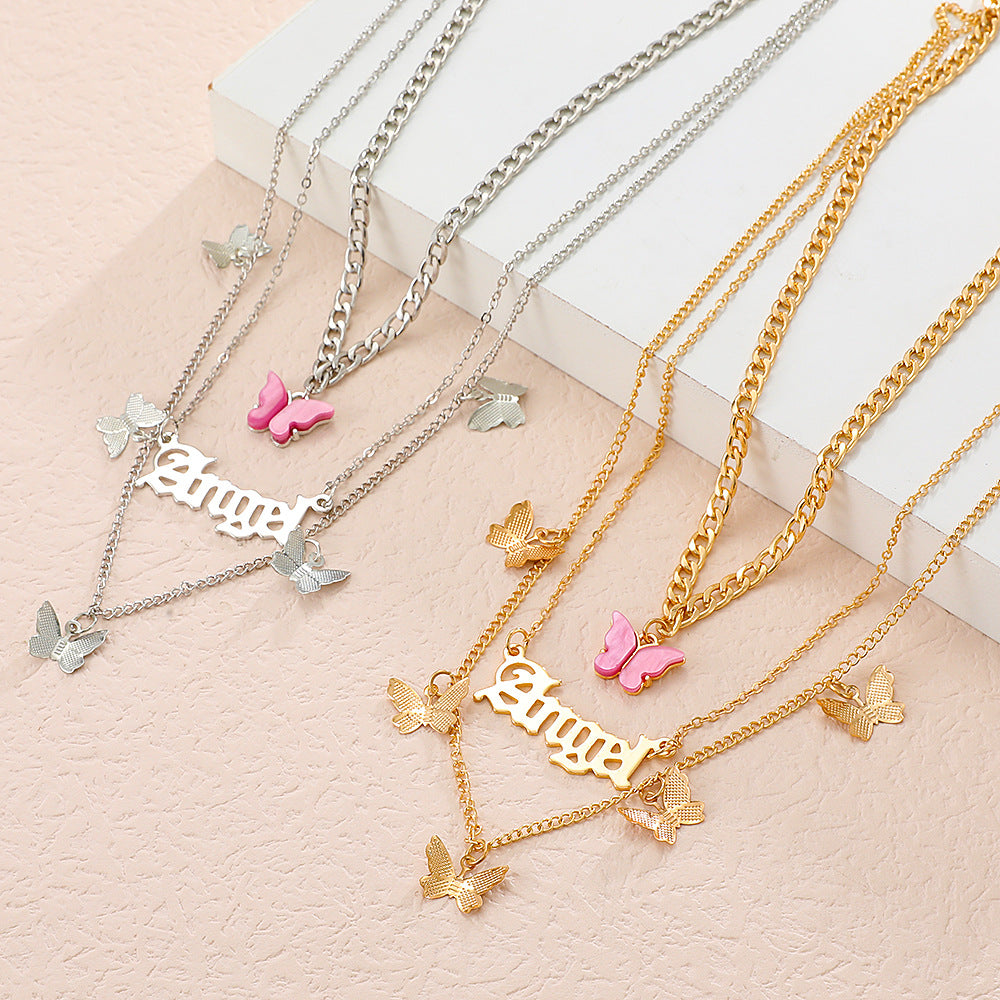 Wholesale Jewelry Casual Sweet Letter Butterfly Alloy 14k Gold Plated Layered Necklaces