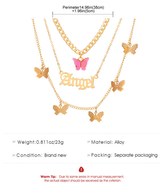 Wholesale Jewelry Casual Sweet Letter Butterfly Alloy 14k Gold Plated Layered Necklaces