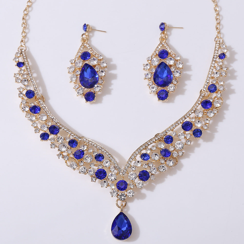 1 Set Elegant Water Droplets Alloy Rhinestone Women's Earrings Necklace