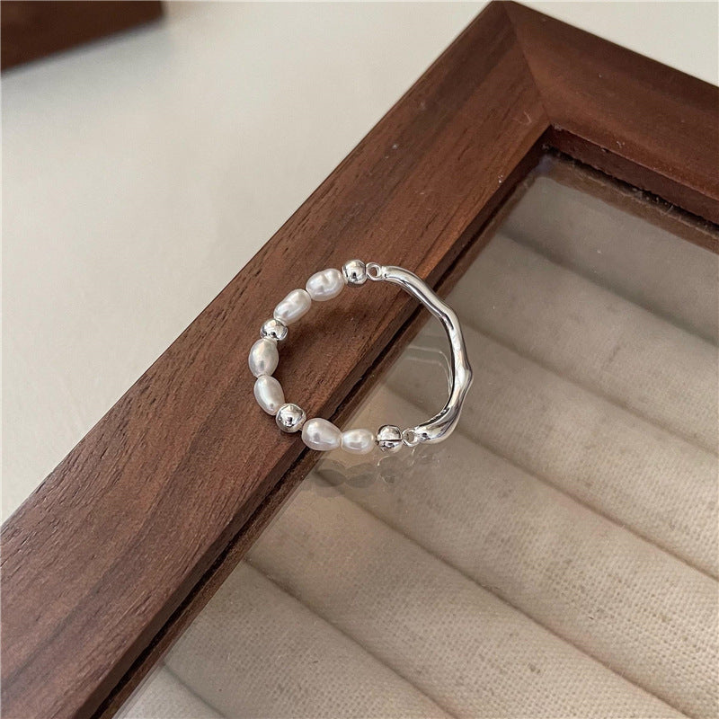 Retro Solid Color Freshwater Pearl Sterling Silver Irregular Beaded Polishing Rings