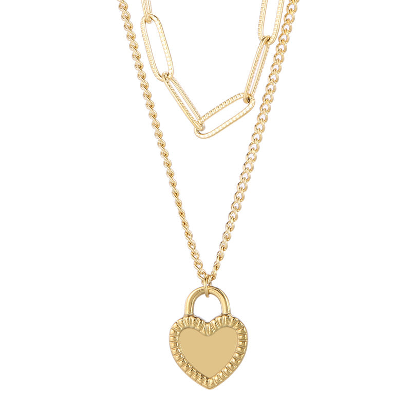 Retro Heart Shape Titanium Steel Layered Chain 18k Gold Plated Layered Necklaces