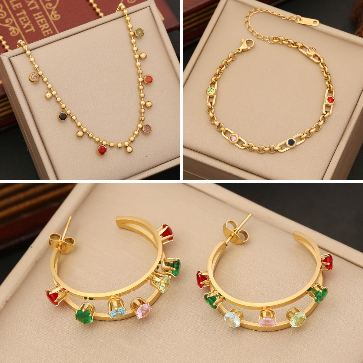 Wholesale Retro Simple Style Printing Stainless Steel Plating Inlay Artificial Gemstones Bracelets Earrings Necklace