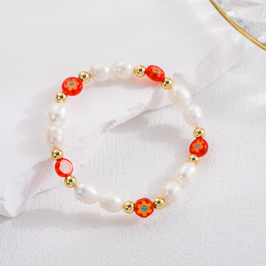 Sweet Flower Freshwater Pearl Copper Beaded Plating 18k Gold Plated Bracelets