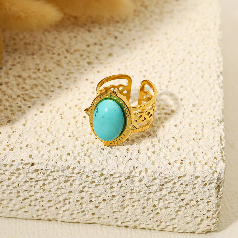 Retro Oval Titanium Steel Plating Inlay Turquoise 14k Gold Plated Open Ring