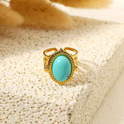 Retro Oval Titanium Steel Plating Inlay Turquoise 14k Gold Plated Open Ring