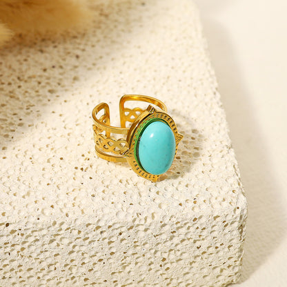 Retro Oval Titanium Steel Plating Inlay Turquoise 14k Gold Plated Open Ring