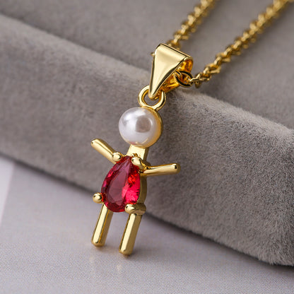 Cartoon Style Artistic Human Copper 18k Gold Plated Pearl Zircon Pendant Necklace In Bulk