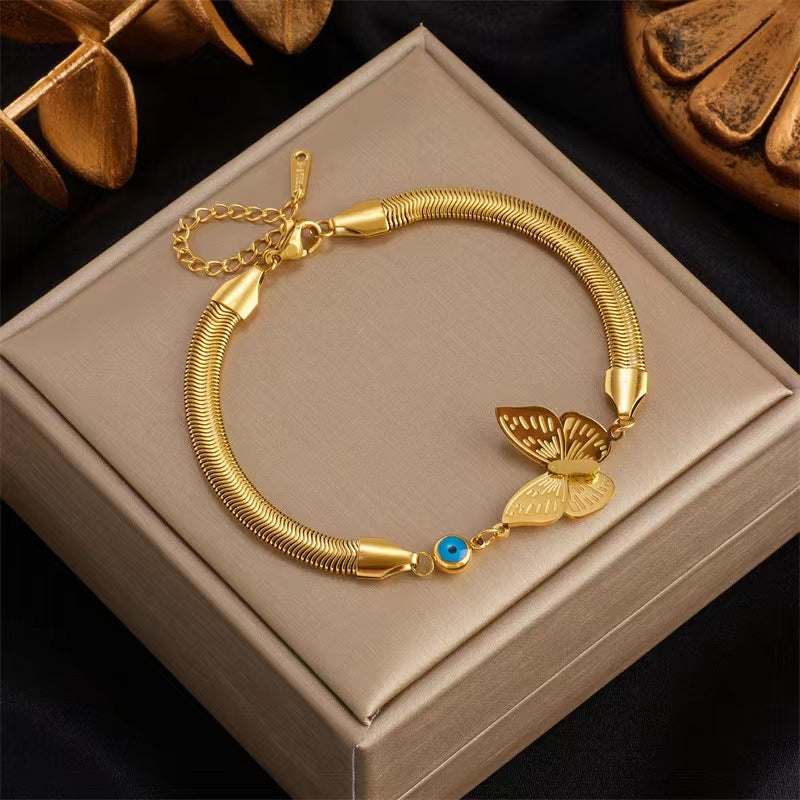 Simple Style Butterfly Titanium Steel Patchwork Inlay Turquoise 18k Gold Plated Bracelets