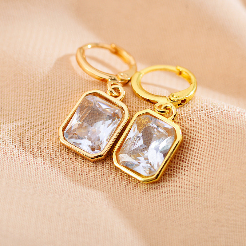 Retro Rectangle Metal Inlay Zircon Women's Drop Earrings