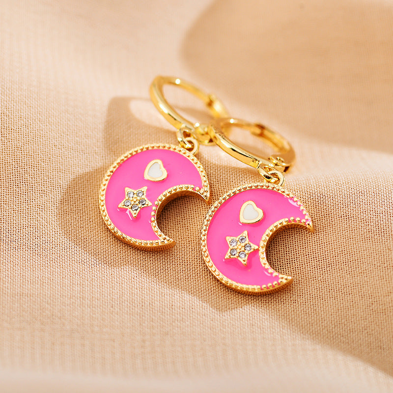 1 Pair Elegant Luxurious Star Moon Heart Shape Enamel Inlay Copper Zircon 18K Gold Plated Drop Earrings