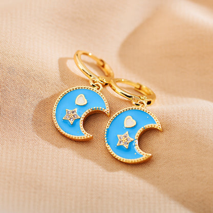 1 Pair Elegant Luxurious Star Moon Heart Shape Enamel Inlay Copper Zircon 18K Gold Plated Drop Earrings