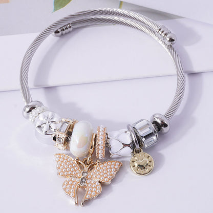 Cute Sweet Heart Shape Bow Knot Alloy Steel Wire Plating Inlay Artificial Pearls Women's Bangle