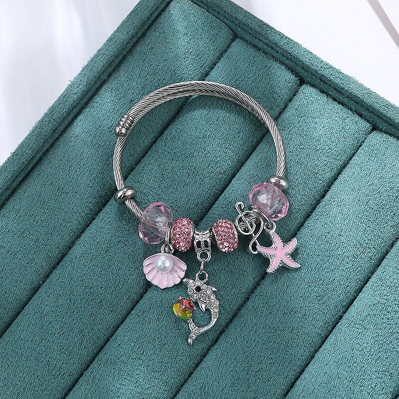 Cartoon Style Shell Stainless Steel Rhinestone Cuff Bracelets