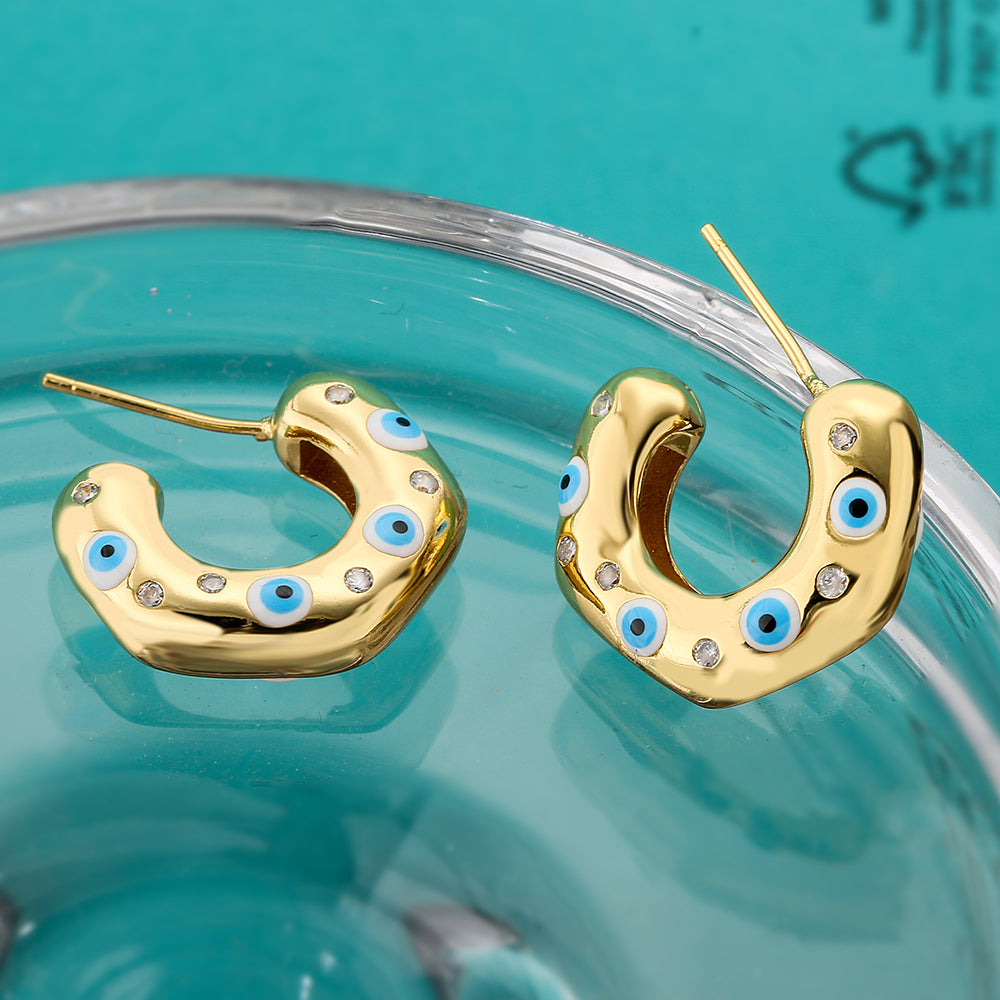 1 Pair Fashion C Shape Devil's Eye Enamel Inlay Copper Zircon 18k Gold Plated Ear Studs