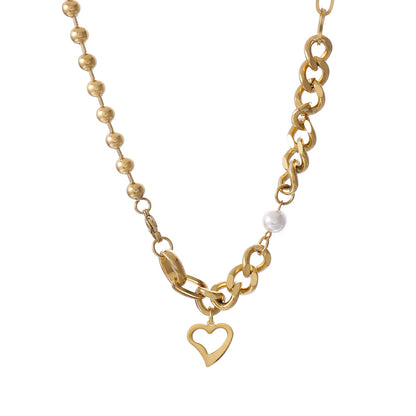 Cool Style Heart Shape Stainless Steel Inlay Artificial Pearls 18k Gold Plated Necklace