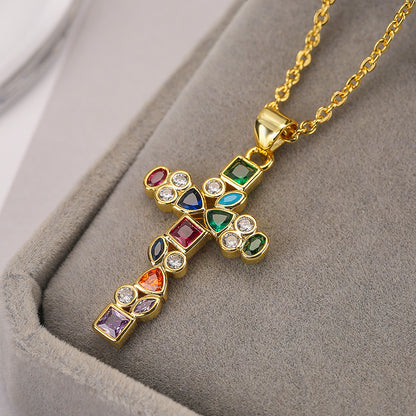 Hip-hop Cross Copper 18k Gold Plated Zircon Pendant Necklace In Bulk