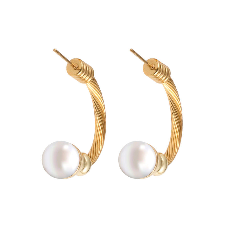 Wholesale Casual Simple Style Spiral Stripe Stainless Steel Copper Braid Inlay Pearl Rings Bracelets Earrings