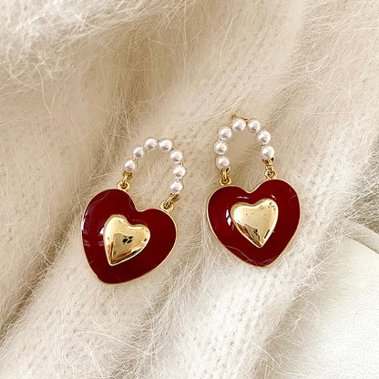 Elegant Sweet Heart Shape Chain Alloy Enamel Hollow Out Inlay Pearl Women's Drop Earrings