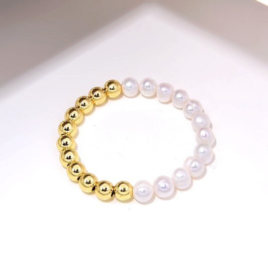 Elegant Classic Style Round Freshwater Pearl Copper Beaded Handmade Plating Gold Plated Bracelets