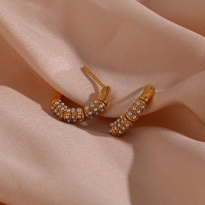 1 Pair Modern Style C Shape Plating Inlay Stainless Steel Rhinestones Pearl 18k Gold Plated Ear Studs