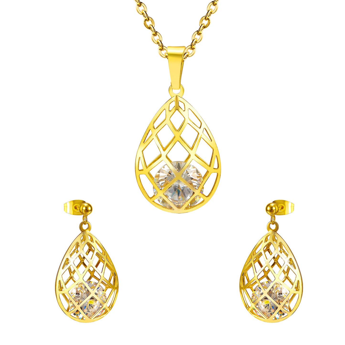 Elegant Water Droplets Stainless Steel Zircon Plating Women's Earrings Necklace
