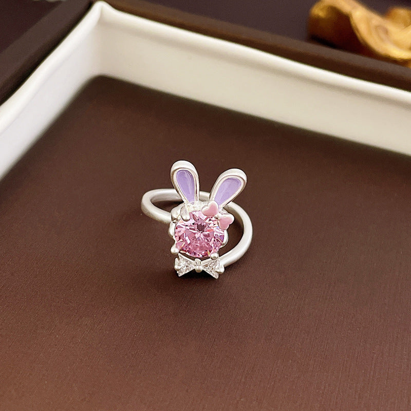 Sweet Animal Heart Shape Alloy Inlay Zircon Women's Open Ring