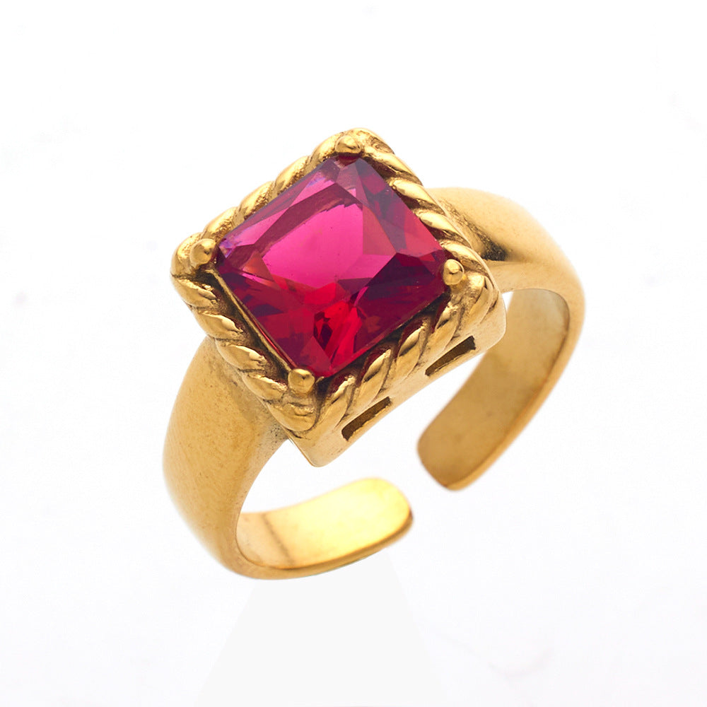 Vintage Style Square Titanium Steel Inlay Zircon Open Ring