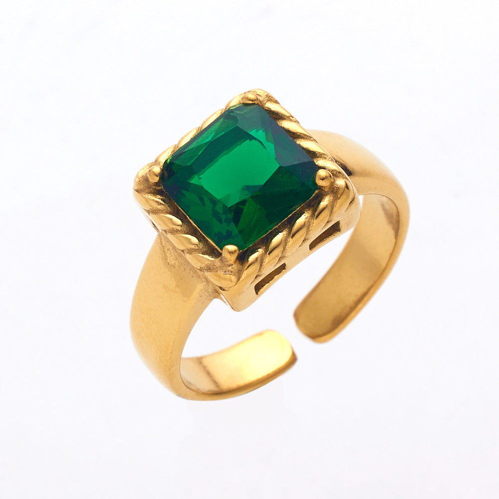 Vintage Style Square Titanium Steel Inlay Zircon Open Ring