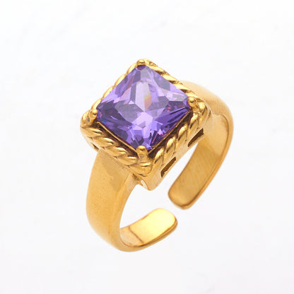 Vintage Style Square Titanium Steel Inlay Zircon Open Ring