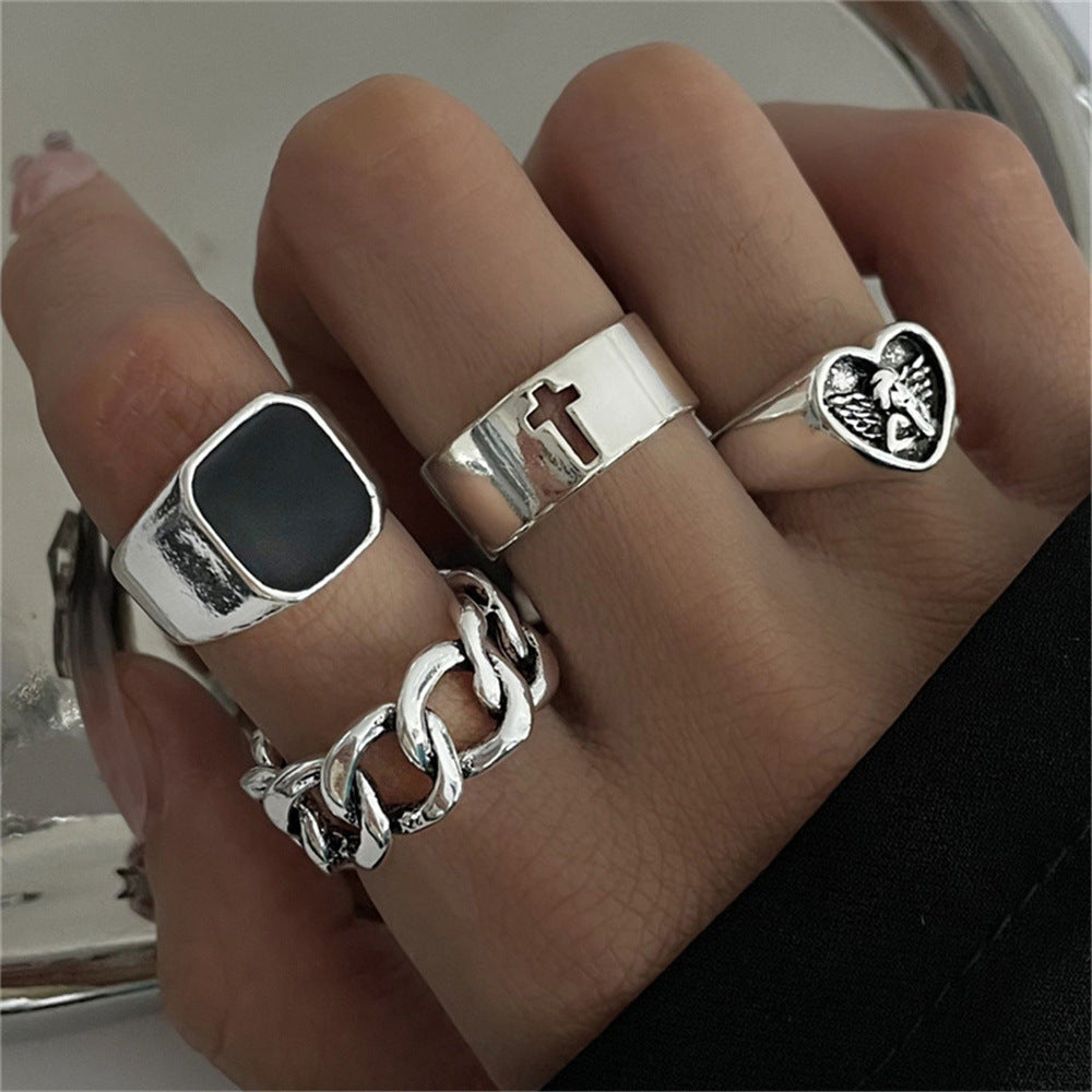 Hip-Hop Cool Style Cross Square Heart Shape Alloy Enamel Hollow Out Unisex Rings