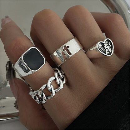 Hip-Hop Cool Style Cross Square Heart Shape Alloy Enamel Hollow Out Unisex Rings