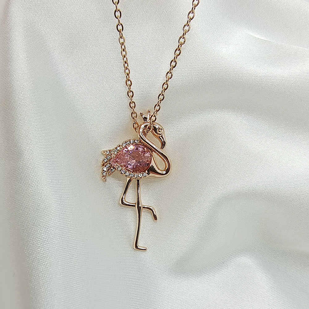 Sweet Flamingo Titanium Steel Copper Inlay Zircon Pendant Necklace