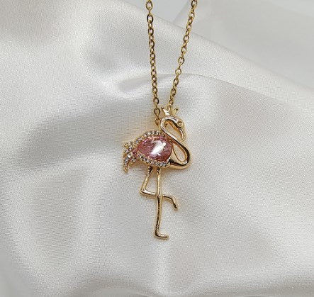 Sweet Flamingo Titanium Steel Copper Inlay Zircon Pendant Necklace