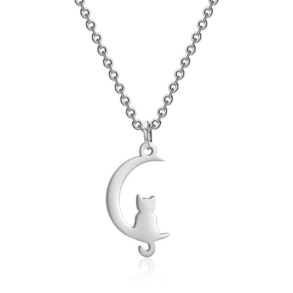 Cute Animal Moon Stainless Steel Titanium Steel Plating Pendant Necklace