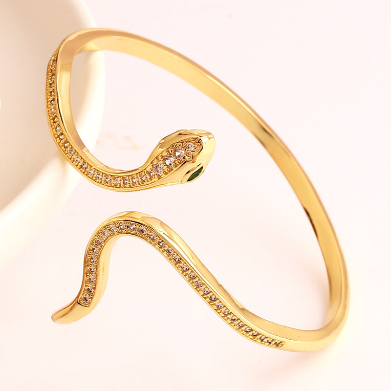 Ins Style Retro Snake Copper 18k Gold Plated Zircon Bangle In Bulk