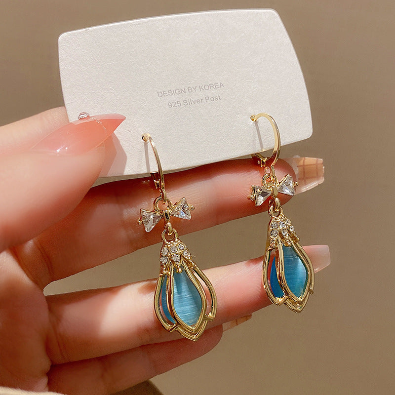 Sweet Korean Style Flower Bow Knot Alloy Plating Inlay Rhinestones Opal Women's Drop Earrings