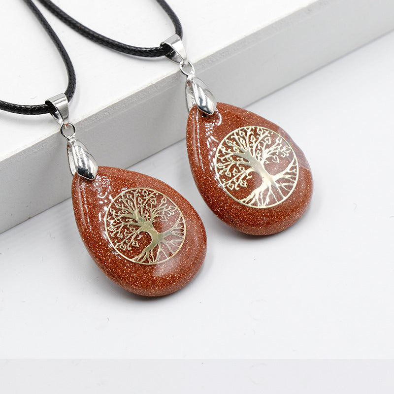 Streetwear Tree Stainless Steel Natural Stone Plating Pendant Necklace