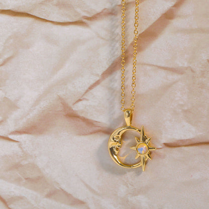 Retro Star Moon Copper Gold Plated Opal Pendant Necklace In Bulk