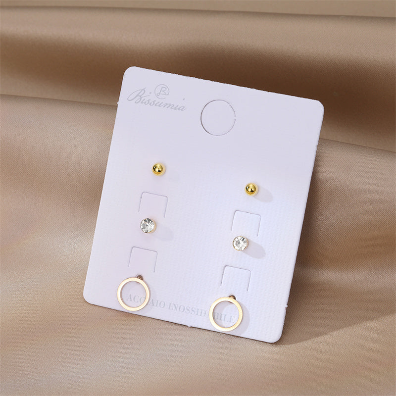 3 Pairs Basic Circle Stainless Steel Inlay Zircon Ear Studs