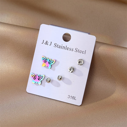 3 Pairs Elegant Butterfly Stainless Steel Inlay Zircon Ear Studs