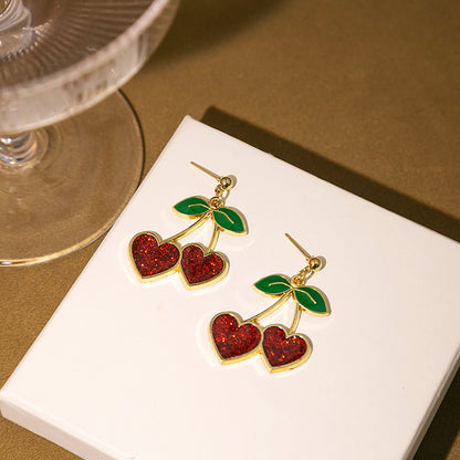 Cartoon Style Sweet Fruit Heart Shape Imitation Pearl Alloy Enamel Inlay Rhinestones Women's Earrings 1 Pair