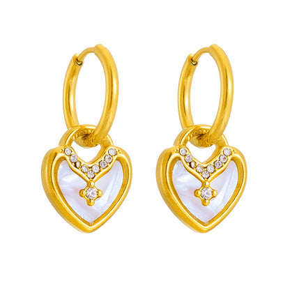 Ins Style Sweet Heart Shape Titanium Steel Plating Inlay Rhinestones Shell Earrings Necklace