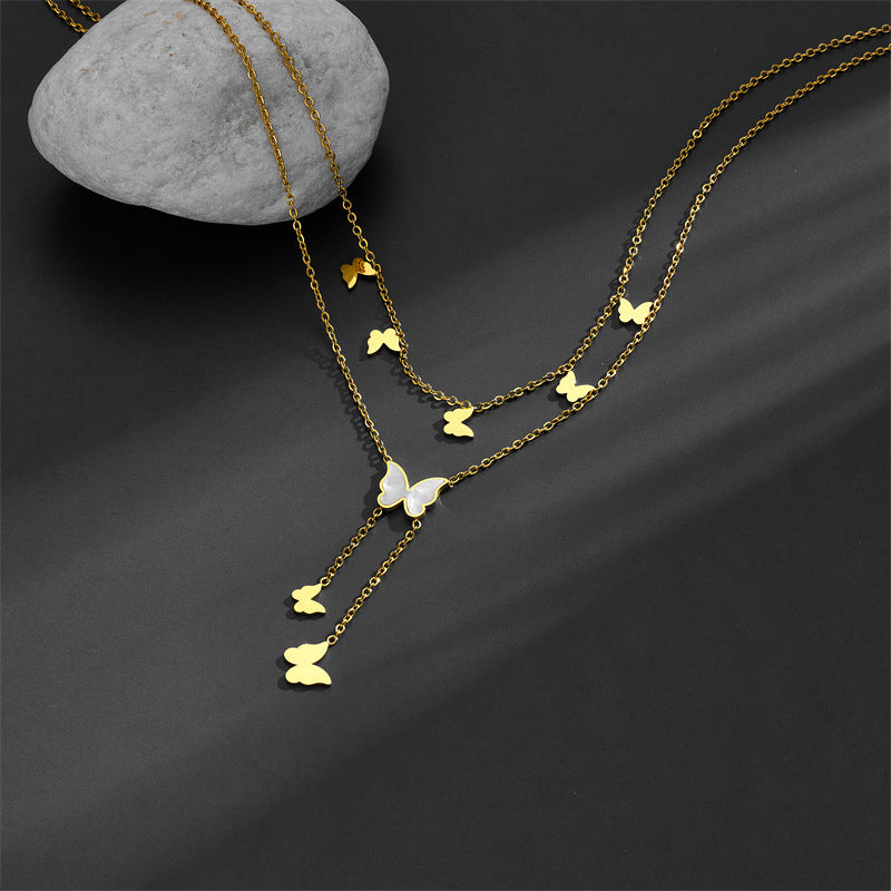 Sweet Simple Style Star Moon Butterfly Titanium Steel Plating Inlay Shell Layered Necklaces